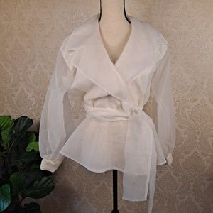 Alex Evenings Size Large Sheer White Tie Front Jacket Long Sleeve  rap Bow EUC